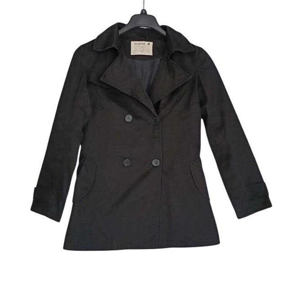 Broadcast Black Double Breasted Peacoat Jacket Size S Minimalist Cotton Trench - Picture 2 of 8